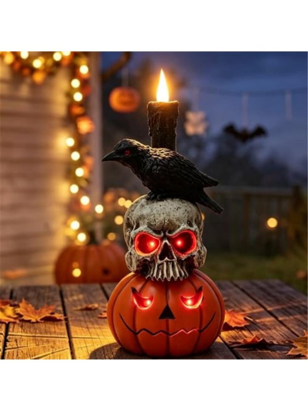 Halloween Pumpkin Skull Resin Statue 36.5in Gothic Crow Candle Decor